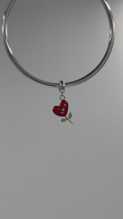 Heart Flower Charm in 925 Silver | Red Enamel & Crystal Accent