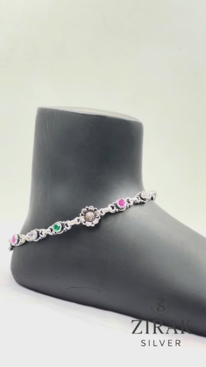 Floral Stone Anklet Pair with Ruby Green
