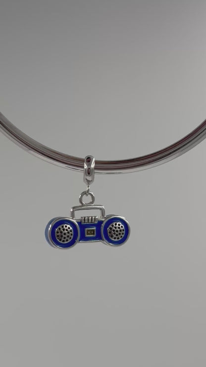 Sterling Silver Boombox Charm with Blue Enamel – 80s Retro Radio Pendant for Bracelets & Necklaces