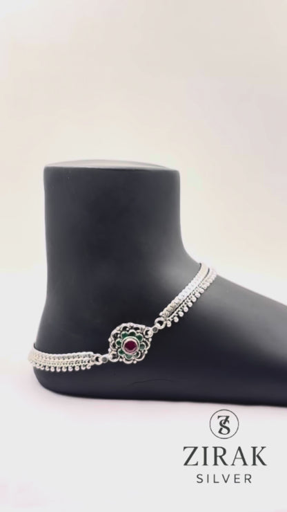 Floral Green Stone Dual Chain Anklet