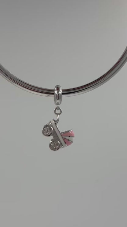 Sterling Silver Baby Stroller Enamel Charm – Light Blue & White Pram Pendant for Bracelets & Necklaces