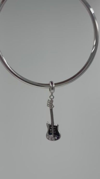 Sterling Silver Black Enamel Guitar Charm for Bracelets
