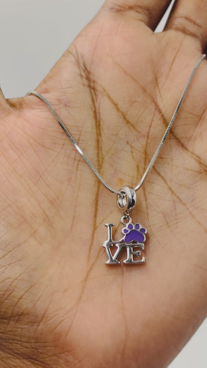 Sterling Silver “LOVE” Paw Print Dangle Charm with Purple Enamel