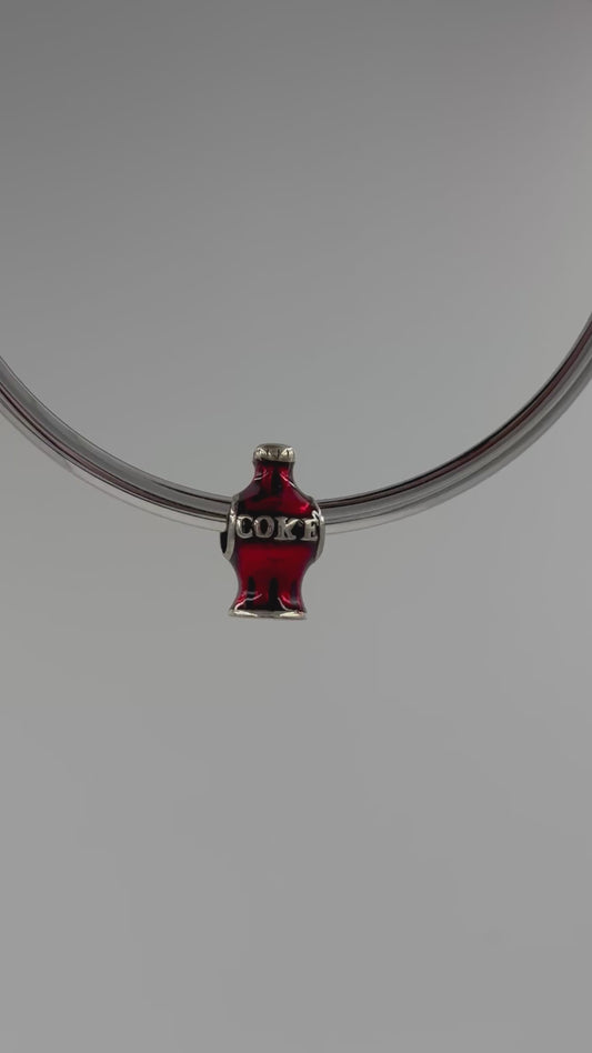 Sterling Silver Red Coke Bottle Charm with Enamel – Retro Soda Bead for Bracelets