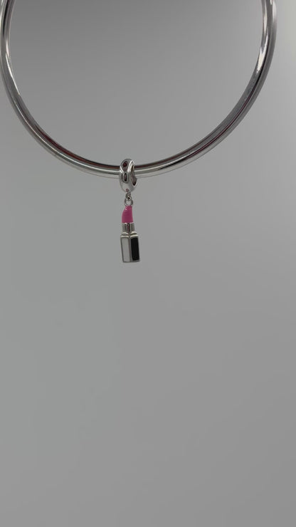 Pink Lipstick Charm in 925 Silver with Black Enamel