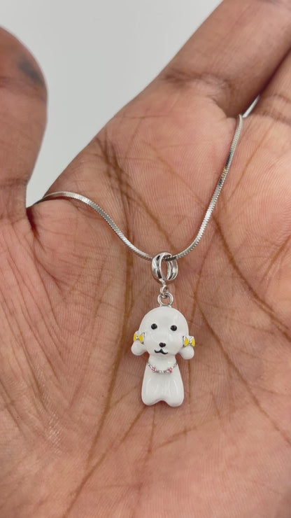 Yellow Dog Charm Pendant with Pink Bows – 925 Sterling Silver Enamel Jewelry