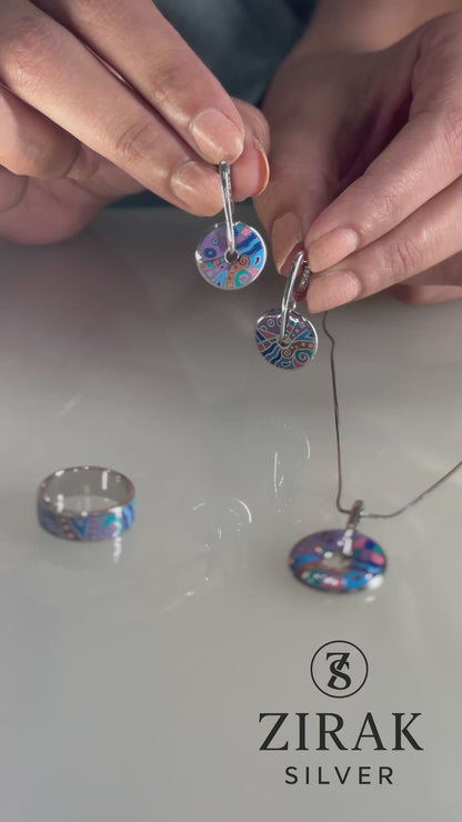 Sterling Silver Enamel Disc Jewelry Set – Color-Splash Necklace, Dangle Earrings & Ring