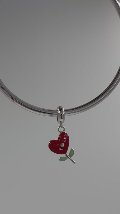 Heart Flower Charm in 925 Silver | Red Enamel & Crystal Accent