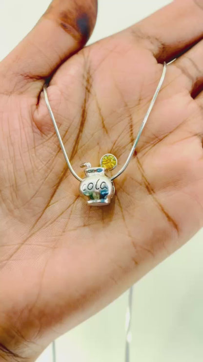 Sterling Silver Cola Drink Charm Pendant with Enamel Lemon Slice – 925 Silver Beverage Jewelry