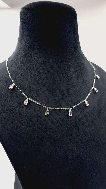 Sterling Silver Rainbow Baguette Charm Necklace – Multicolor Cubic Zirconia Dangle Choker, Adjustable 16-18