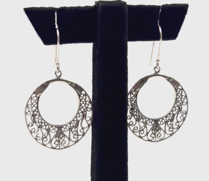 Nayra Earrings – Oxidised 925 Silver Filigree Hoop Dangle Earrings