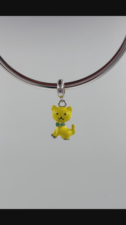 Yellow Cat Charm Pendant in Sterling Silver with Enamel Bow Tie – Cute Cat Jewelry Accessory