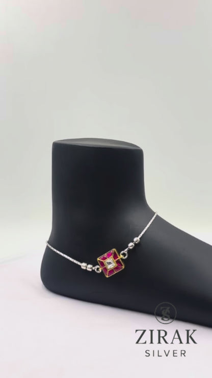 Silver Pink Meenakari Square Charm Anklet