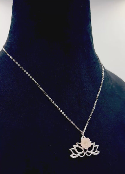 Rose Quartz Lotus Sterling Silver Necklace – CZ Pavé Yoga Pendant
