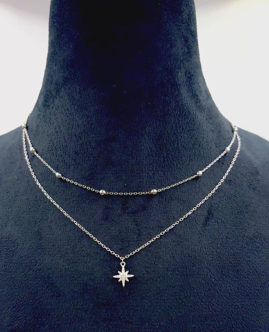 Layered Sterling-Silver Starburst Necklace with Satellite Bead Chain