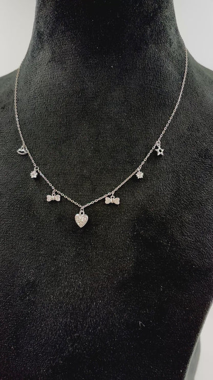 Sterling Silver Mixed-Charm Necklace – Pavé Heart, Star, Bow & CZ Dangles