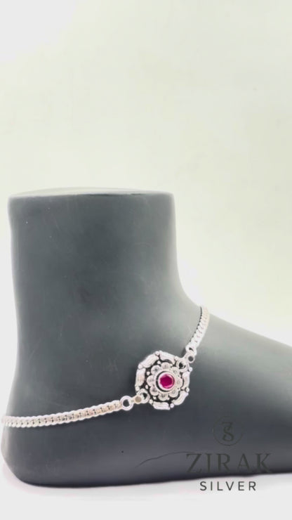 Silver Floral Ruby Stone Anklet