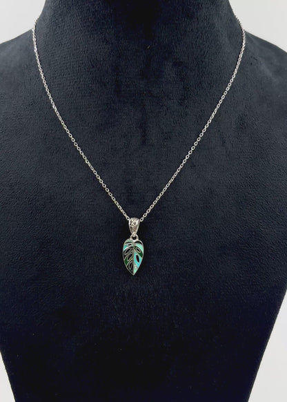 Monstera Leaf Pendant – Turquoise & Emerald Enamel in Sterling Silver