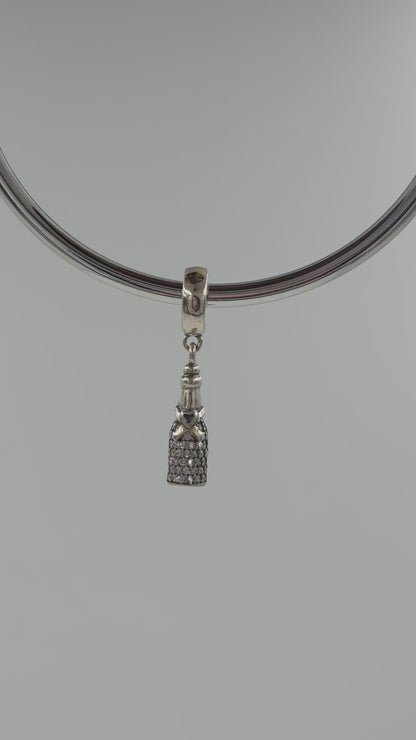 Silver Champagne Bottle Charm with Heart & Bow – Pavé CZ Detailing