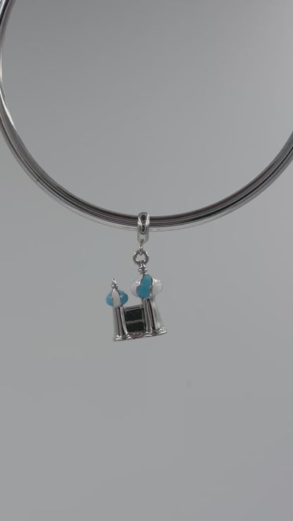 Sterling Silver Mosque Architectural Charm Pendant with Blue & White Enamel – 925 Silver Religious Jewelry