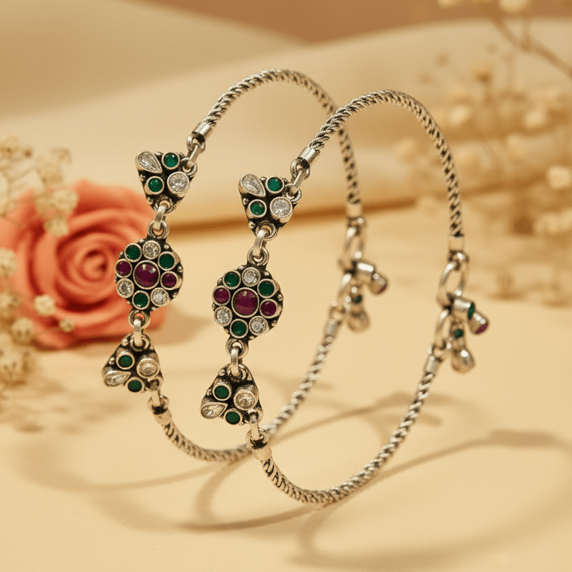 Priya Oxidized Rope Anklets - Zirak Silver