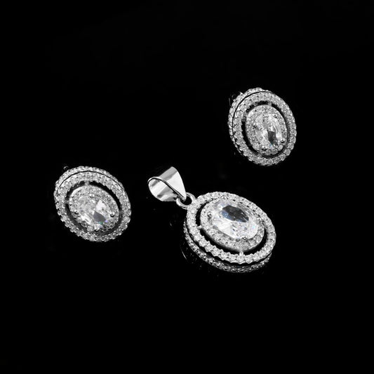 Radiant White Zirconia Halo Pendant & Earrings Set - Zirak Silver