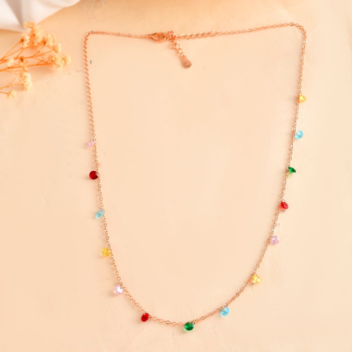 Rainbow Confetti Crystal Drop Necklace | Rose - Gold Cable Chain Choker - Zirak Silver