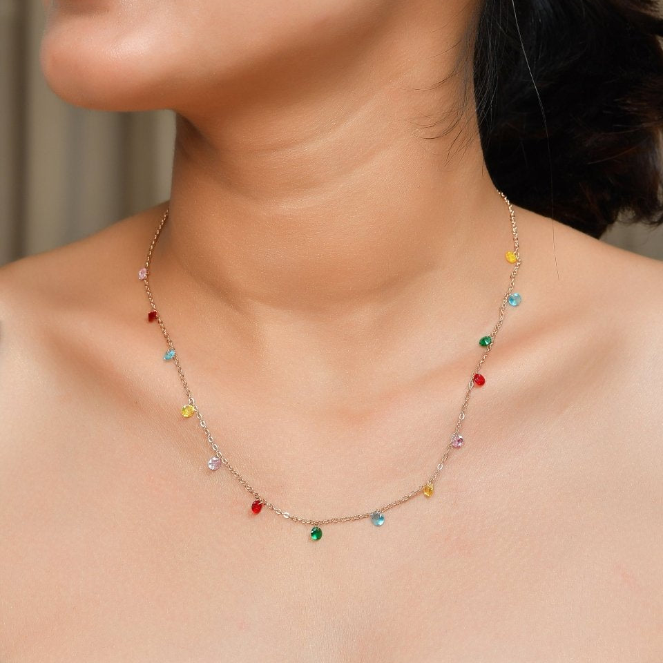 Rainbow Confetti Crystal Drop Necklace | Rose - Gold Cable Chain Choker - Zirak Silver