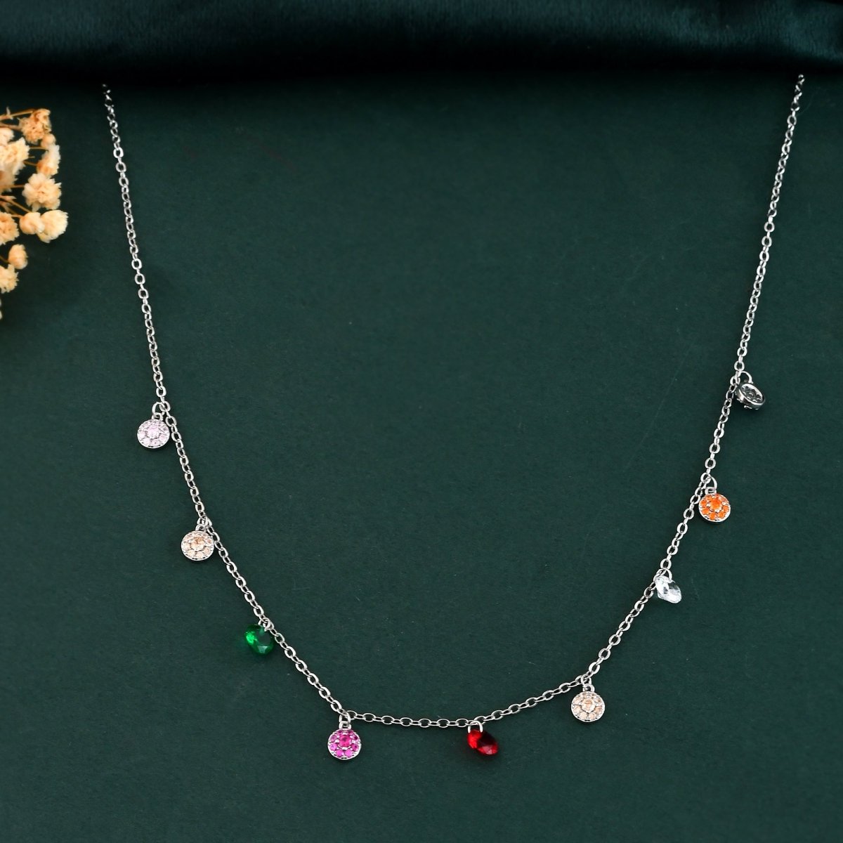 Rainbow Crystal Drop Necklace | Sterling - Silver Charm Choker with Multicolor Birthstone Cubic Zirconia - Zirak Silver
