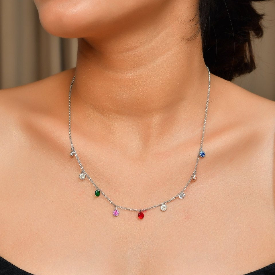 Rainbow Crystal Drop Necklace | Sterling - Silver Charm Choker with Multicolor Birthstone Cubic Zirconia - Zirak Silver