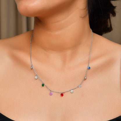 Rainbow Crystal Drop Necklace | Sterling - Silver Charm Choker with Multicolor Birthstone Cubic Zirconia - Zirak Silver