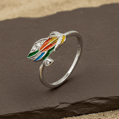 Rainbow Enamel Feather Silver Ring - Zirak Silver