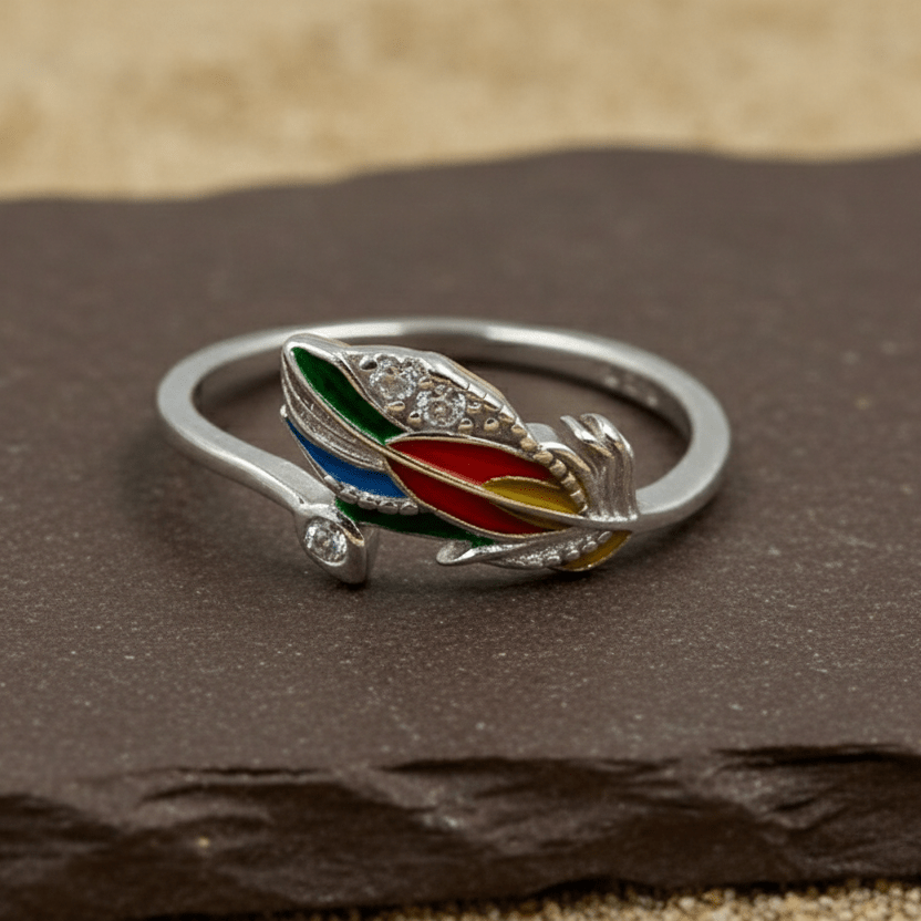 Rainbow Enamel Feather Silver Ring - Zirak Silver