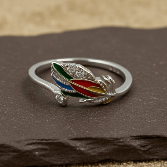 Rainbow Enamel Feather Silver Ring - Zirak Silver