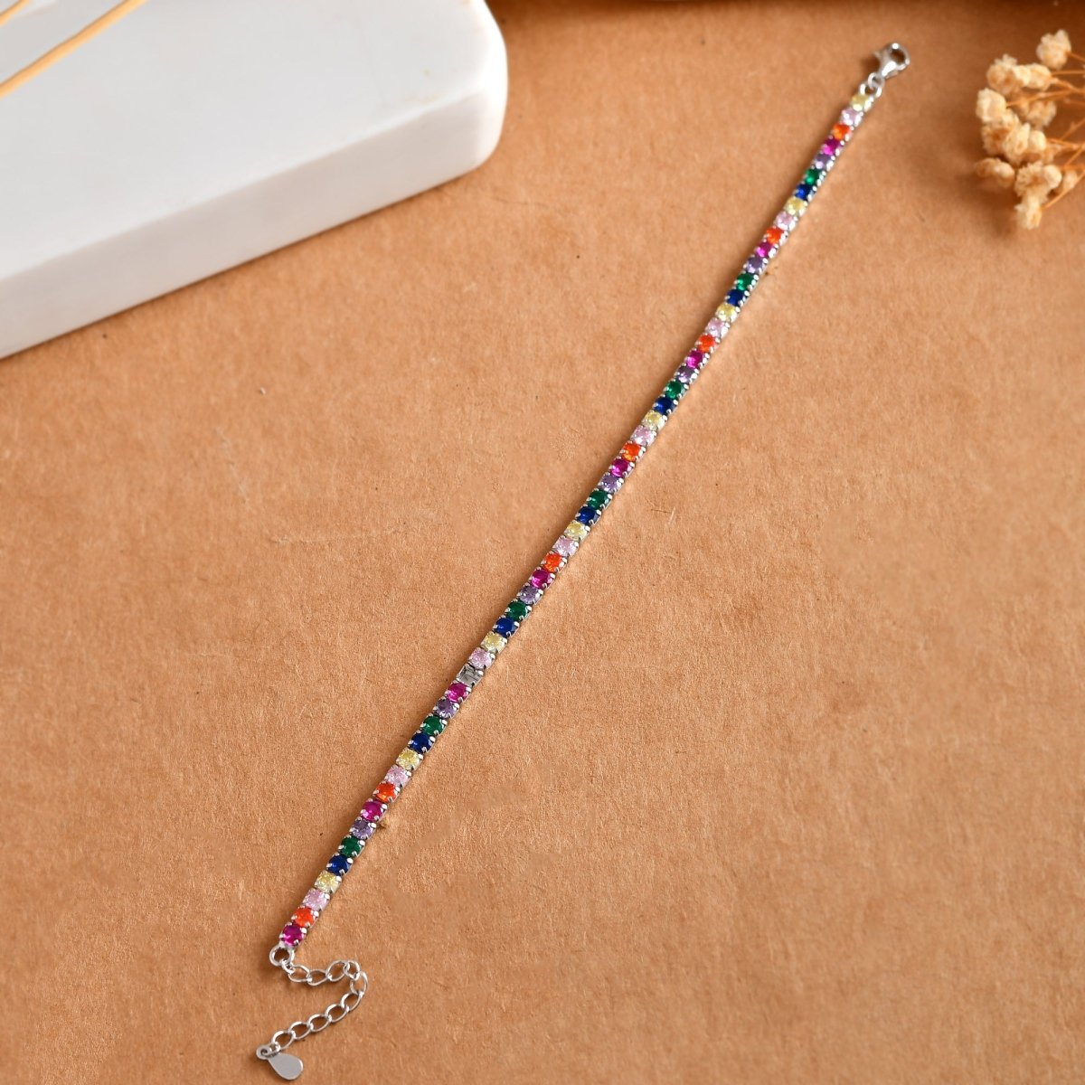 Rainbow Tennis Bracelet in 925 Sterling Silver – Adjustable CZ Spectrum Line - Zirak Silver