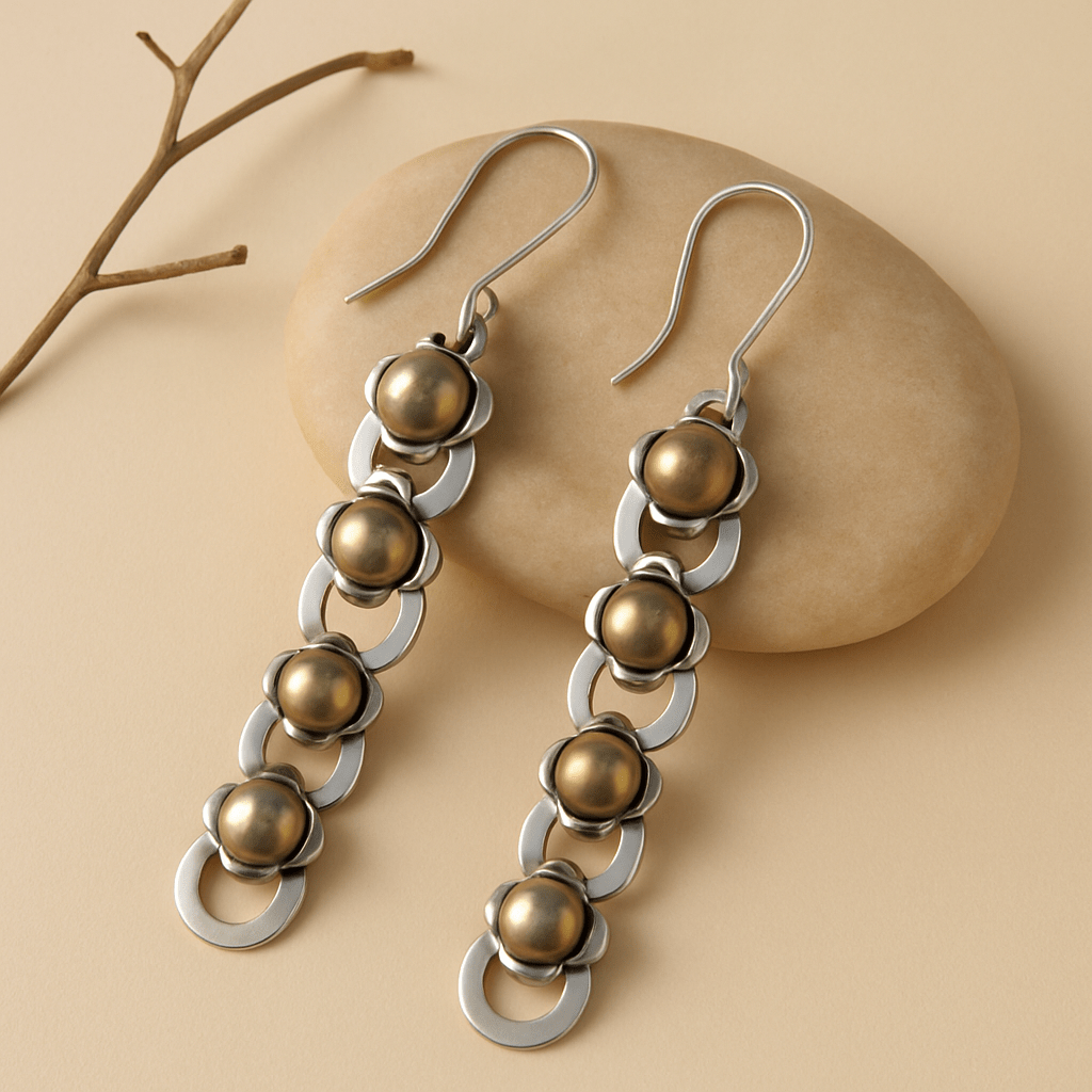 Ravya Earrings – Oxidised 925 Silver Dangle Earrings with Brass Accents - Zirak Silver