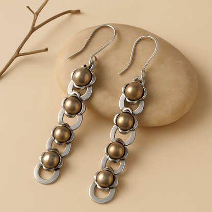 Ravya Earrings – Oxidised 925 Silver Dangle Earrings with Brass Accents - Zirak Silver