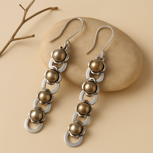 Ravya Earrings – Oxidised 925 Silver Dangle Earrings with Brass Accents - Zirak Silver