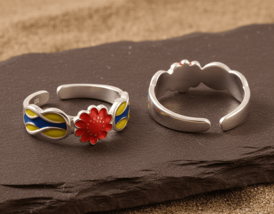 Red Enamel Flower Adjustable Silver Ring | Handcrafted 925 Sterling Silver Colorful Band - Zirak Silver