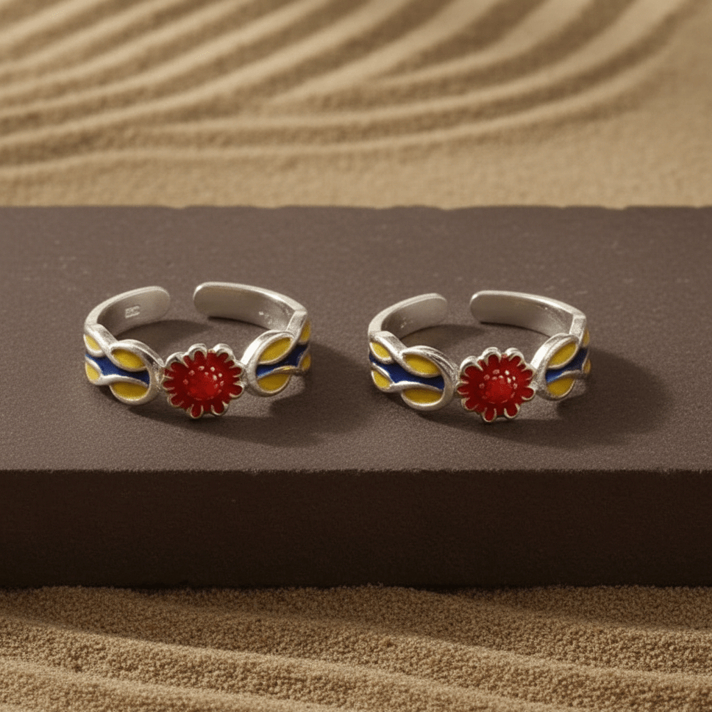 Red Enamel Flower Adjustable Silver Ring | Handcrafted 925 Sterling Silver Colorful Band - Zirak Silver