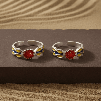 Red Enamel Flower Adjustable Silver Ring | Handcrafted 925 Sterling Silver Colorful Band - Zirak Silver