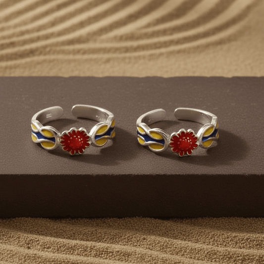 Red Enamel Flower Adjustable Silver Ring | Handcrafted 925 Sterling Silver Colorful Band - Zirak Silver