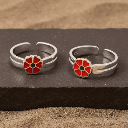 Red Enamel Flower Toe Ring in 925 Sterling Silver | Adjustable Toe Ring Jewelry - Zirak Silver