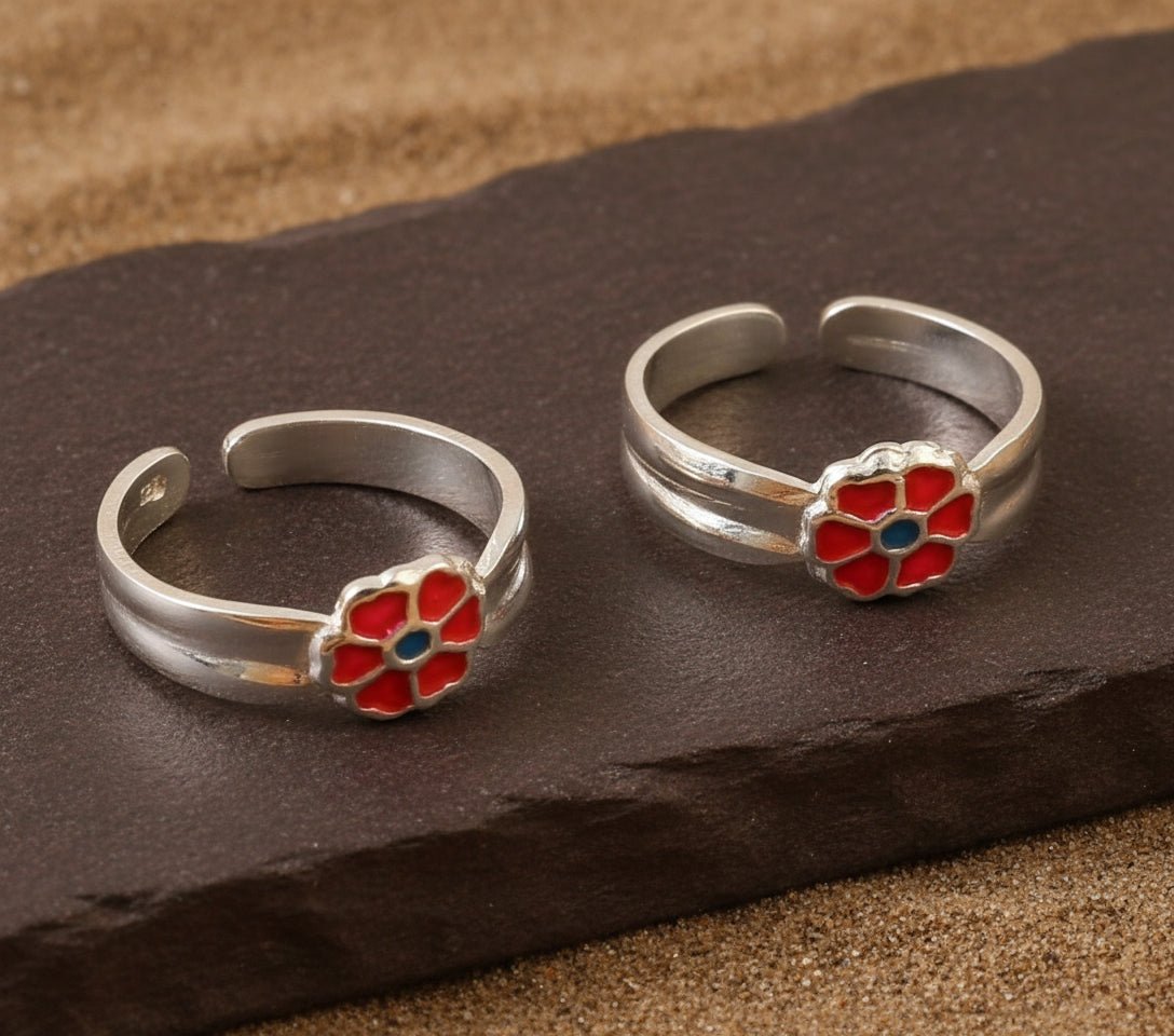 Red Enamel Flower Toe Ring in 925 Sterling Silver | Adjustable Toe Ring Jewelry - Zirak Silver