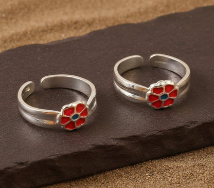 Red Enamel Flower Toe Ring in 925 Sterling Silver | Adjustable Toe Ring Jewelry - Zirak Silver