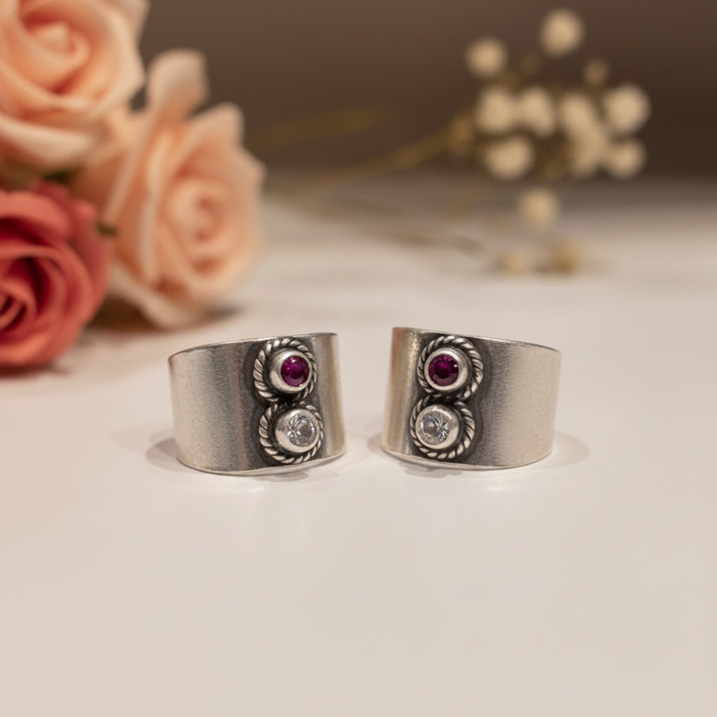 Rina Clear & Red Wide Toe Rings - Zirak Silver