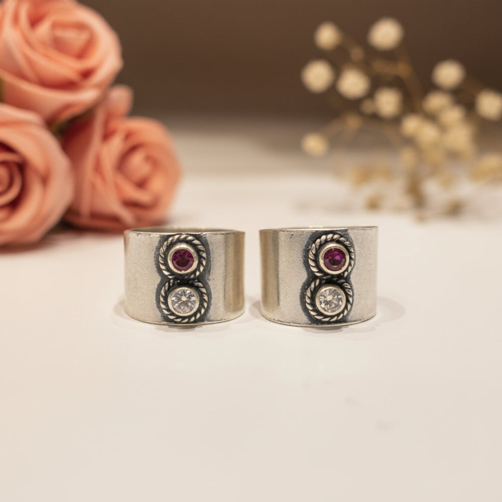 Rina Clear & Red Wide Toe Rings - Zirak Silver