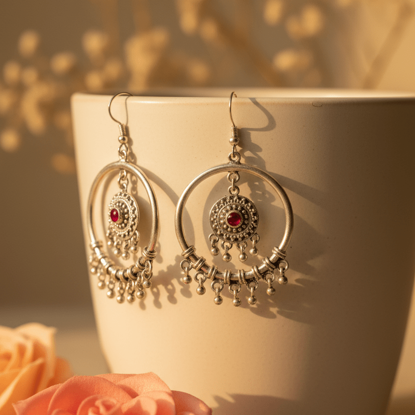 Riya Red Stone Tribal Hoops - Zirak Silver