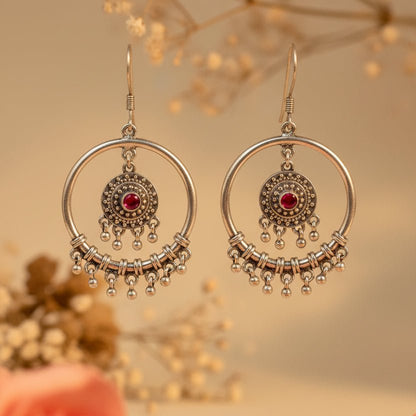 Riya Red Stone Tribal Hoops - Zirak Silver