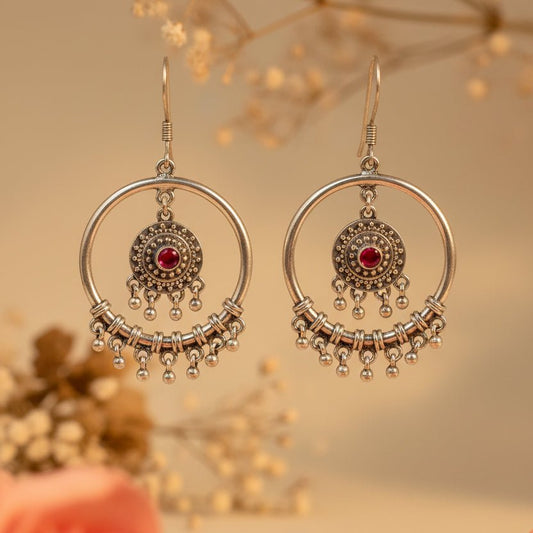 Riya Red Stone Tribal Hoops - Zirak Silver